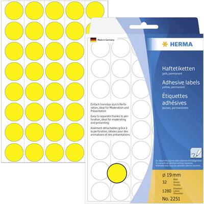 Etiketa s 32 žltými, okrúhlymi samolepiacimi štítkami značky Herma, priemer 19 mm. Balenie zobrazuje podrobnosti o produkte vo viacerých jazykoch.