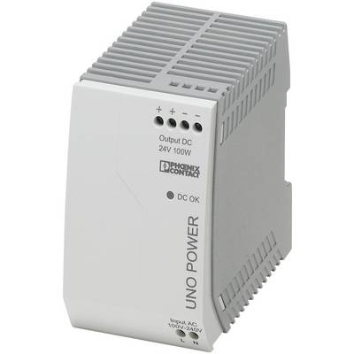 Sieťový zdroj od Phoenix Contact, model UNO POWER, 24V, 100W. Obsahuje stavové indikátory a je vhodný pre vstupné napätie 100 až 240V AC.