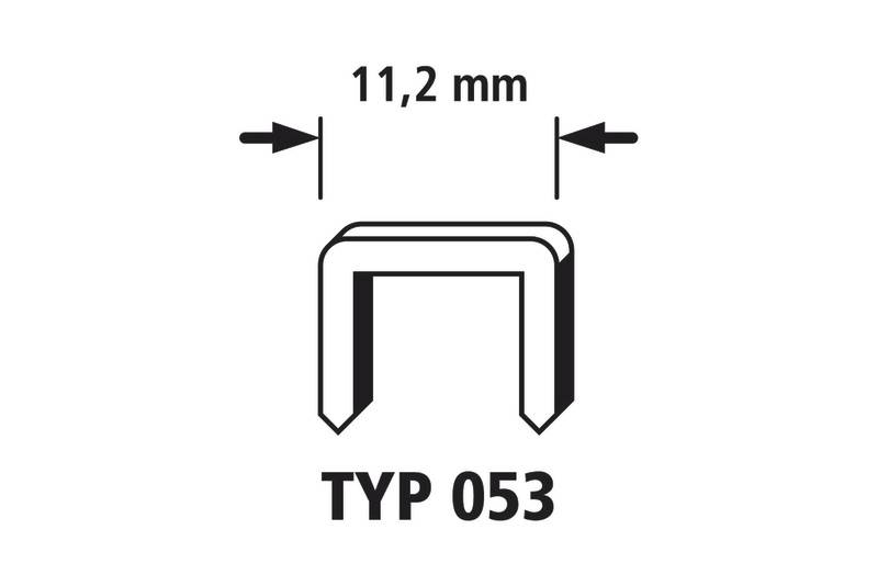 Výkres rozmerov kancelárskej sponky typ 053, znázornený v tvare U so šípkami udávajúcimi šírku 11,2 mm.