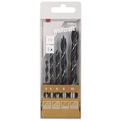 Sada piatich vrtákov rôznych veľkostí (4-10 mm), balená v priehľadnej krabičke. Značka 'wolfcraft'.