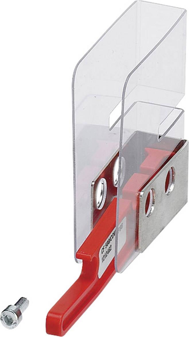 Transparentný ochranný prvok s červenou pákou, kovovým plechom a skrutkou.