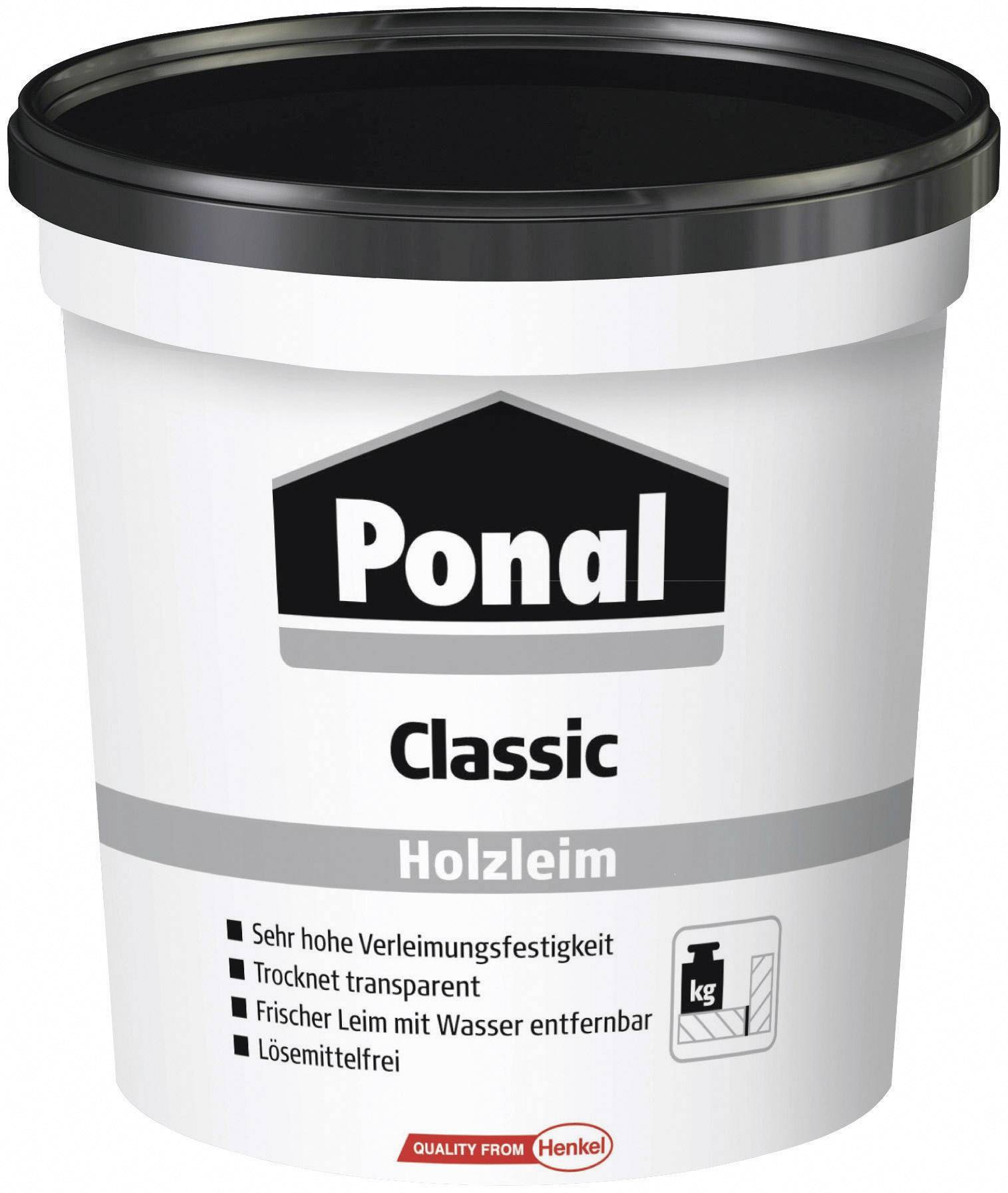 Biely vedier s čiernym vekom, označený nápisom 'Ponal Classic Lepidlo na drevo'. Text zdôrazňuje vysokú pevnosť lepenia a neobsahuje rozpúšťadlá.