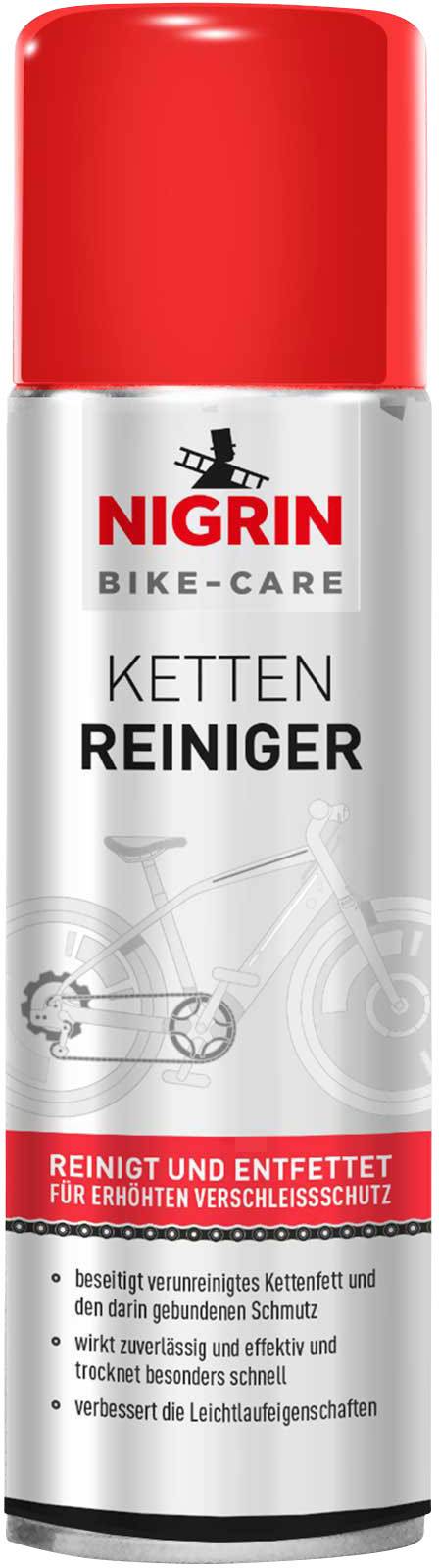 Červený sprej s nápisom Nigrin Bike-Care na čistenie reťaze