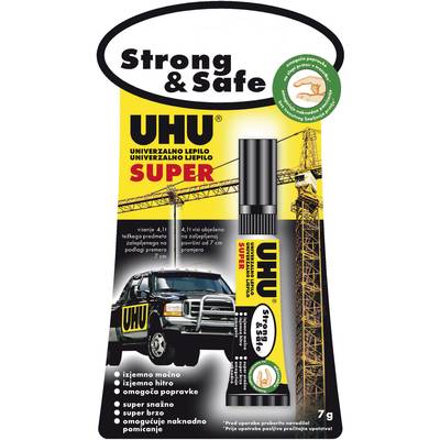 Obal UHU superlepidla. Nápis 'Silné & Bezpečné'. Obrázok znázorňuje auto a žeriav. Pokyny pre rýchle a pevné priľnutie.