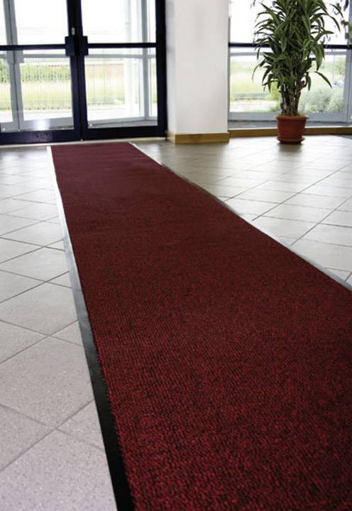 Červený koberec v priestore vstupu so sklenenými plochami a rastlinou ponúka funkčnosť a dekoratívnu elegantnosť.