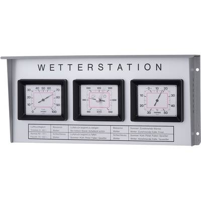 Meteorologická stanica s troma analógovými displejmi: hygrometer na meranie vlhkosti vzduchu, barometer na meranie atmosférického tlaku, teplomer na meranie teploty.