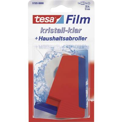 Obal „Tesa Film krištáľovo priehľadný" zobrazuje domáci stojan na lepiacu pásku s priehľadnou lepiacou páskou.