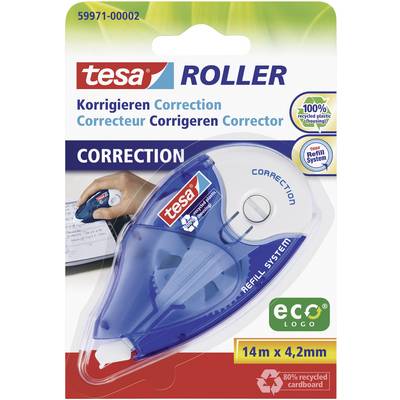 Korekčný roller Tesa s modrým krytom. Produkt má systém dopĺňania so 14 m páskou a je vyrobený z recyklovaného materiálu.