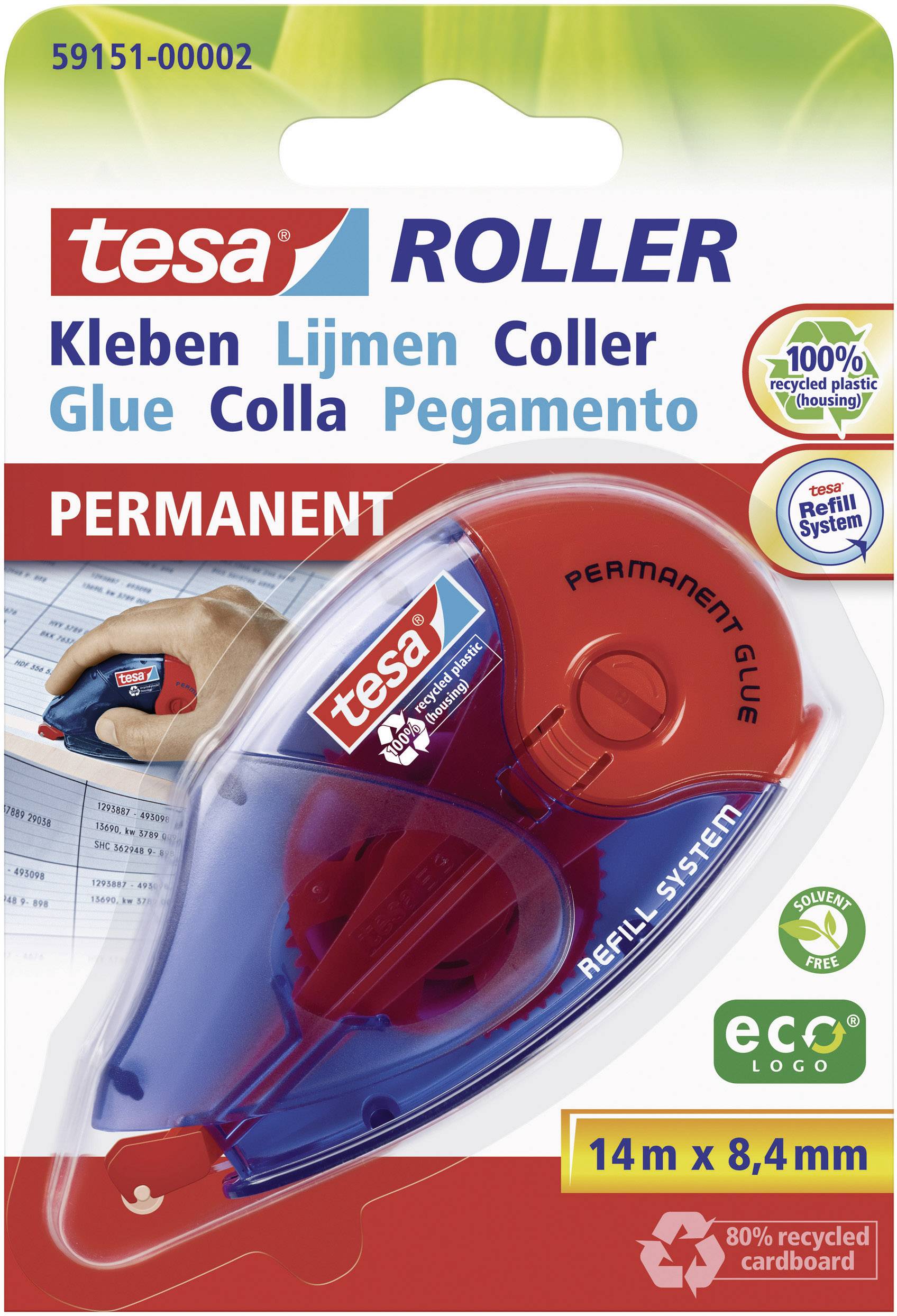 Obal na lepiaci roller Tesa, opakovateľne plniteľný, permanentne lepivý, dĺžka 14 m, vyrobený z 80 % recyklovaných materiálov.