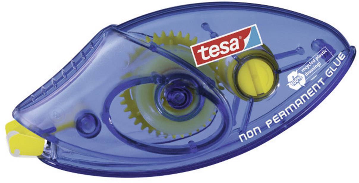 Lepiaci valček Tesa v modrej farbe, s priehľadným krytom. Vhodný na čisté nanášanie nestáleho lepidla na papier.