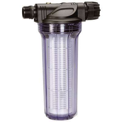 Vodný filter s priehľadným púzdrom a čiernym pripojením, používaný na čistenie vody v domácich alebo komerčných inštaláciách.