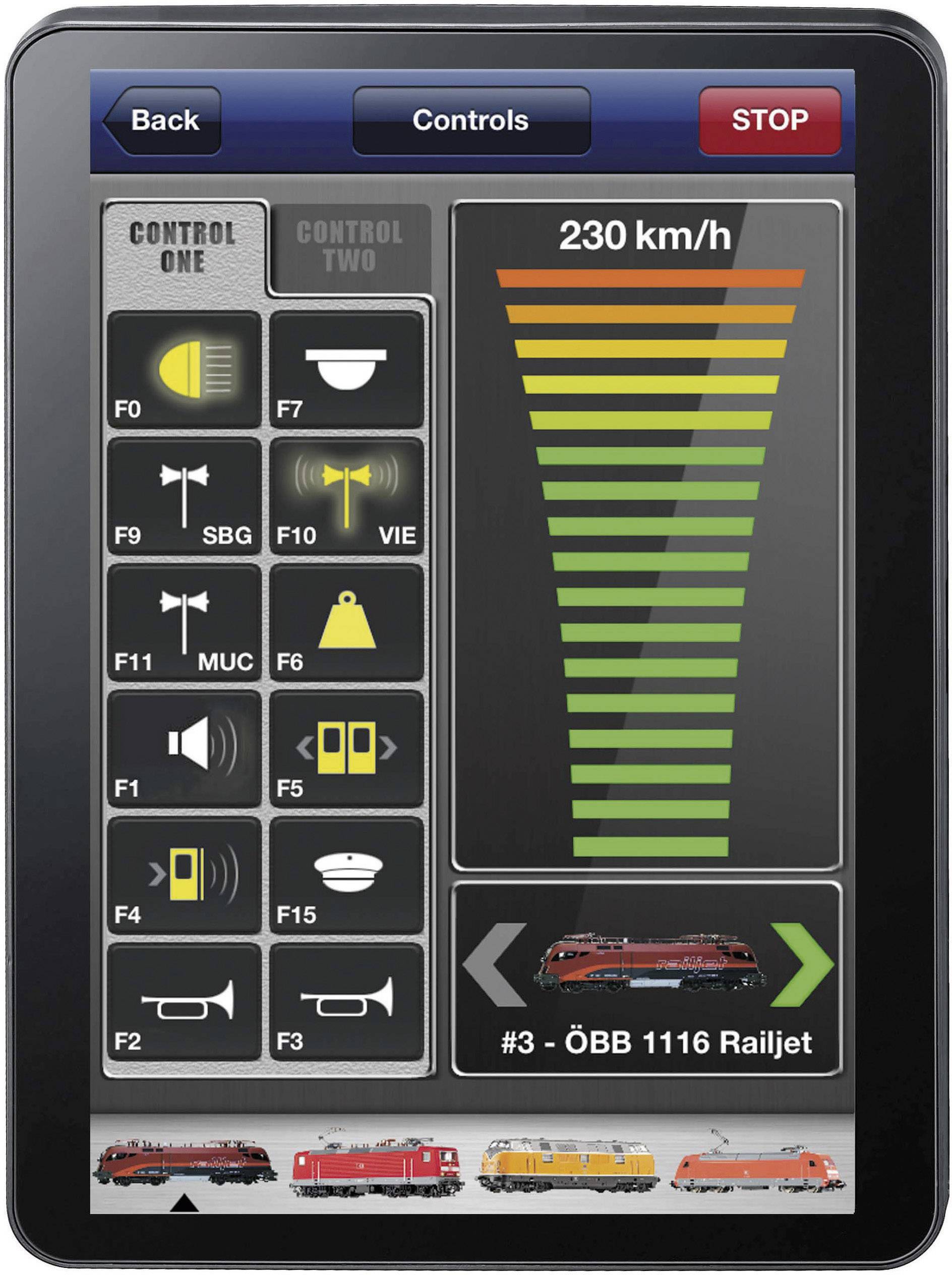 'Ovládací panel vlaku s rýchlostným ukazovateľom do 230 km/h, tlačidlá pre svetlá a funkcie, typ vlaku ÖBB 1116 Railjet.'