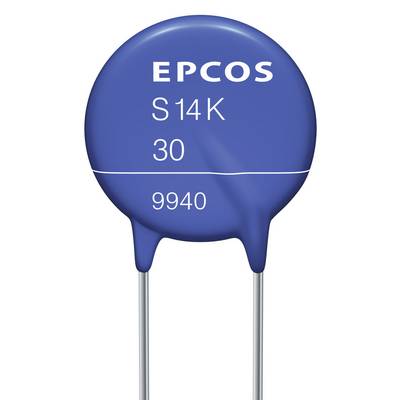 Modrý varistor s nápisom 'EPCOS S14K30 9940', dva drôtené vývodové kolíky dole. Elektronický komponent na obmedzenie napätia.