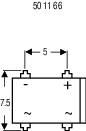 Schematický nákres elektrického komponentu so symbolmi '+' a '-'. Rozmery: 7,5 výška, 5 šírka.