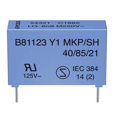 Modrý kondenzátor s nápisom 'B81123 Y1 MKP/SH 40/85/21', vhodný pre 250V. Značenia zobrazujú certifikačné a špecifikačné symboly.