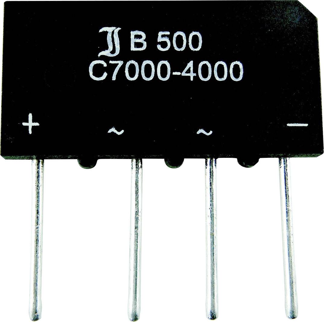 Usmerňovací integrovaný obvod s nápisom 'B 500 C7000-4000', ktorý má štyri kolíky pre elektrické pripojenia, dva so znamienkami plus/mínus a dva so vlnovkou.