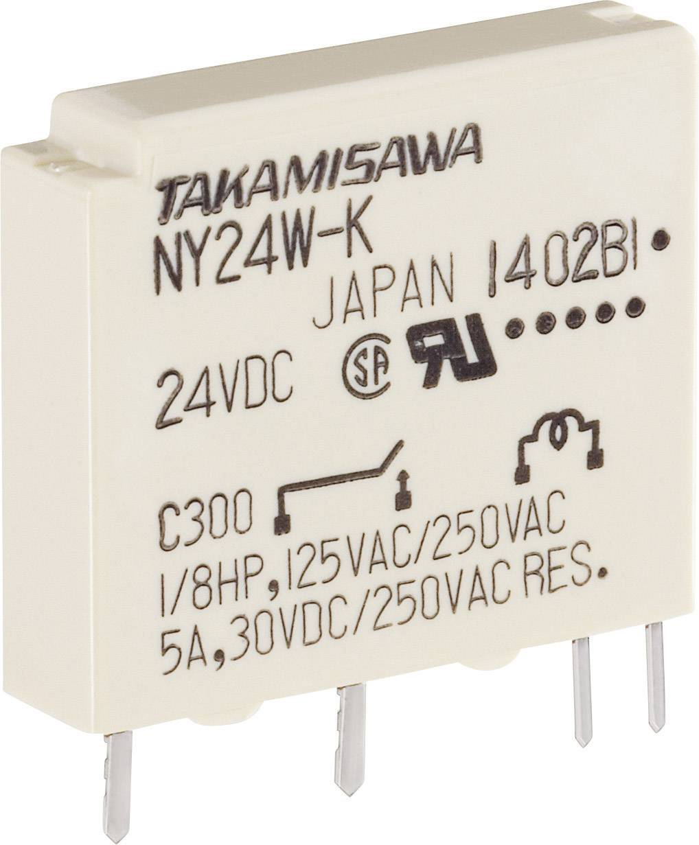Obdĺžnikové elektrické relé s nápisom 'NY24W-K' a špecifikáciami '24VDC' zobrazuje pripájacie svorky pre spínanie.