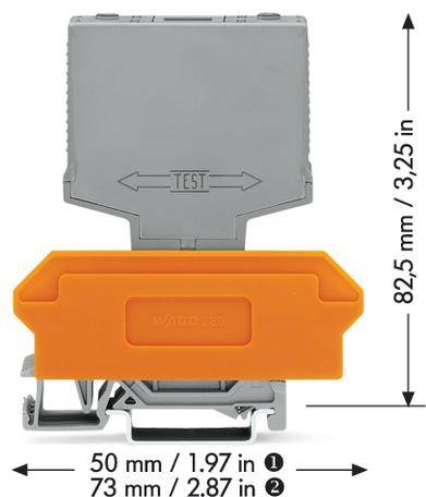 Sivý a oranžový testovací adaptér. Rozmery: 82,5 mm (3,25 palca) výška, 73 mm (2,87 palca) šírka, 50 mm (1,97 palca) hĺbka.