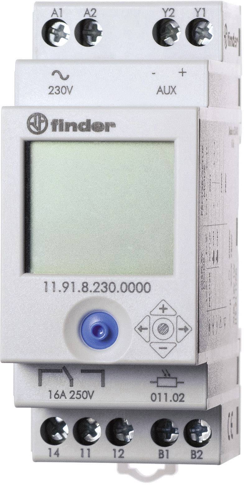 Elektronické zariadenie s displejom, tlačidlami a prípojkami. Popisy: '230V', 'AUX', '16A 250V'. Zariadenie značky 'Finder'.