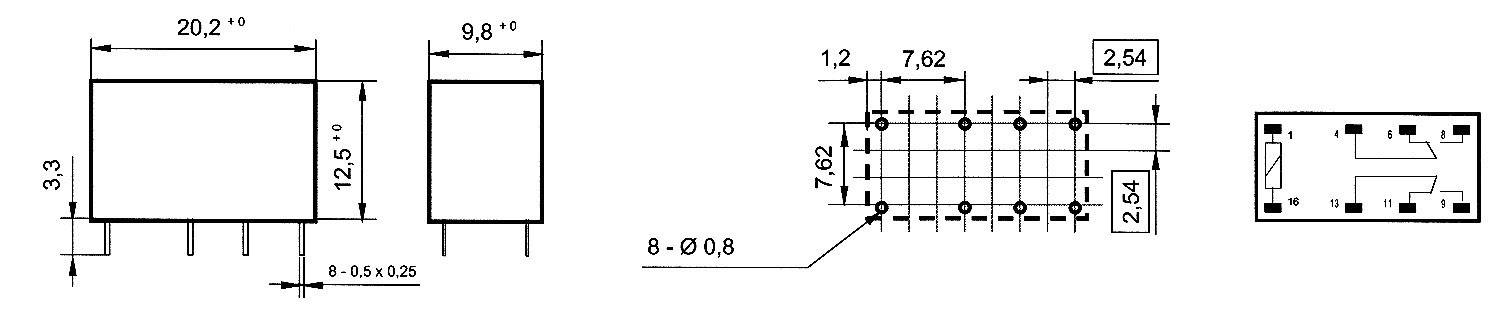 Technický výkres elektronickej súčiastky s rozmermi v milimetroch: 20,2 × 12,5 × 9,8. Vyznačené kolíky a rozteč 2,54 mm.