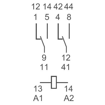 'Spínací symbol pre relé s dvoma cievkami a štyrmi kontaktmi, očíslovanými 12, 14, 42, 44, A1, A2, a číslicami 1 až 14.'