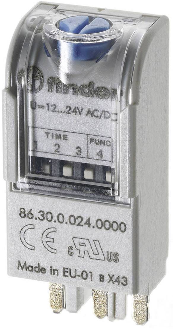 Elektronické časové relé s modrou nastavovacou skrutkou, stupnicou od 1 do 4. Strieborný kryt s potlačou 'Made in EU'.