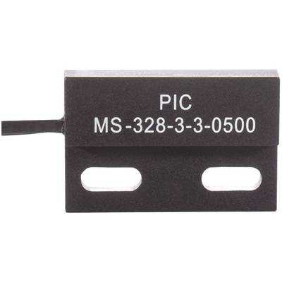 Obdĺžnikový magnetický senzor s nápisom 'PIC MS-328-3-3-0500', s dvoma montážnymi otvormi a káblovým pripojením vľavo.