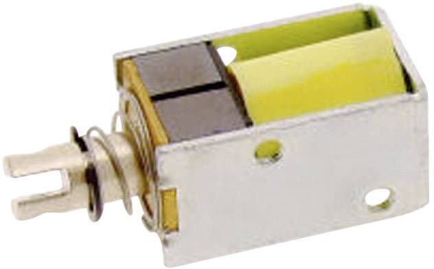 Malý elektromagnet s kovovým obalom, dvoma pripájacími svorkami a žltou cievkou, typický pre mechanické ovládania v zariadeniach.