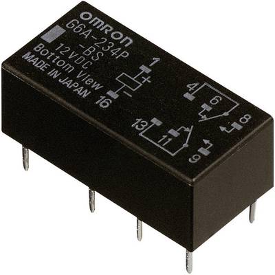 Čierne relé Omron G6A-234P s 8 kolíkmi. Nápis zobrazuje schému zapojenia, '12 VDC' a 'Made in Japan'.