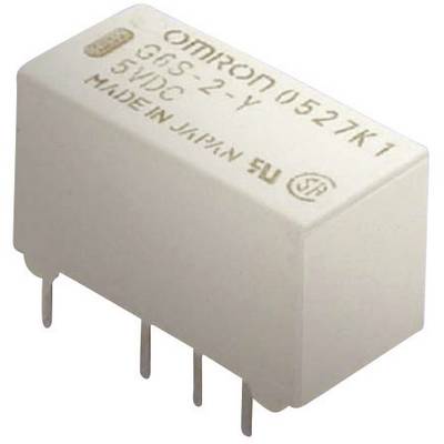 Obdĺžnikový elektronický komponent s nápisom 'OMRON G5S-2-Y 5VDC VYROBENÉ V JAPONSKU', štyri kovové nožičky vyčnievajú von.