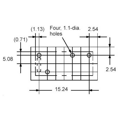 Diagram obdĺžnikovej dosky so štyrmi otvormi (priemer 1,1). Rozmery: šírka 15,24, výška 5,08, vzdialenosti otvorov vyznačené.