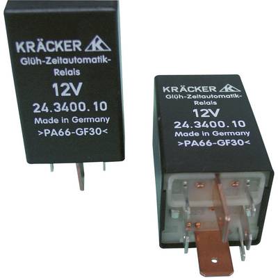 Dva čierne 12V-relé s nápisom 'KRÄCKER Glüh-Zeitautomatik-Relais', 'Made in Germany', 'PA66-GF30'.