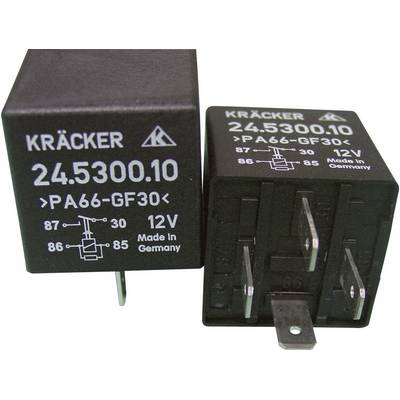 'Dva čierne relé s nápisom KRÄCKER 245300.10 12V Made in Germany. Jedno zobrazuje schému zapojenia, druhé je zobrazené z boku.'