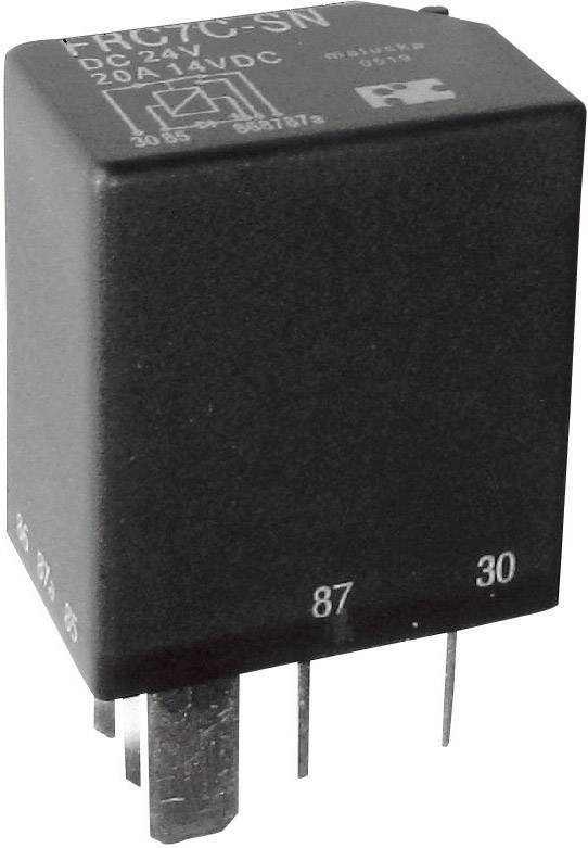 Čierne relé s nápisom 'FRC7C-SN DC24V 20A 14VDC', viacerými konektormi a logom RC. Použiteľné pre elektrické obvody.
