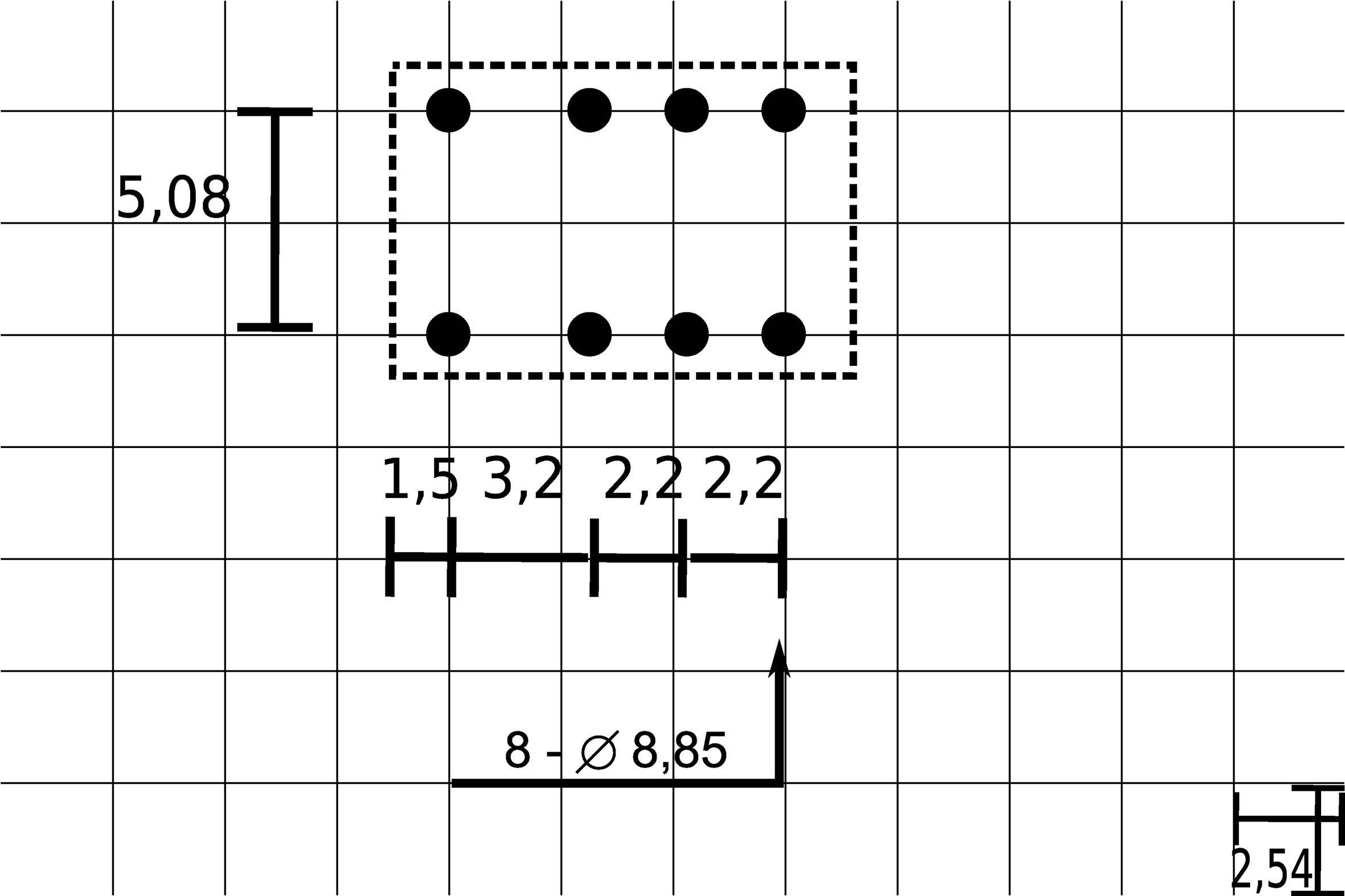 Technický výkres konektora s presnými rozmermi: montážne otvory, vzdialenosti od 1,5 do 3,2 mm a celkový priemer 8 až 8,85 mm.