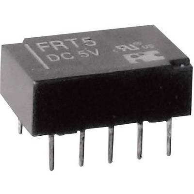 Čierny relé modul s nápisom 'FRT5 DC 5V', šesť kovových pinov na spodnej strane, určený pre elektronické obvody.