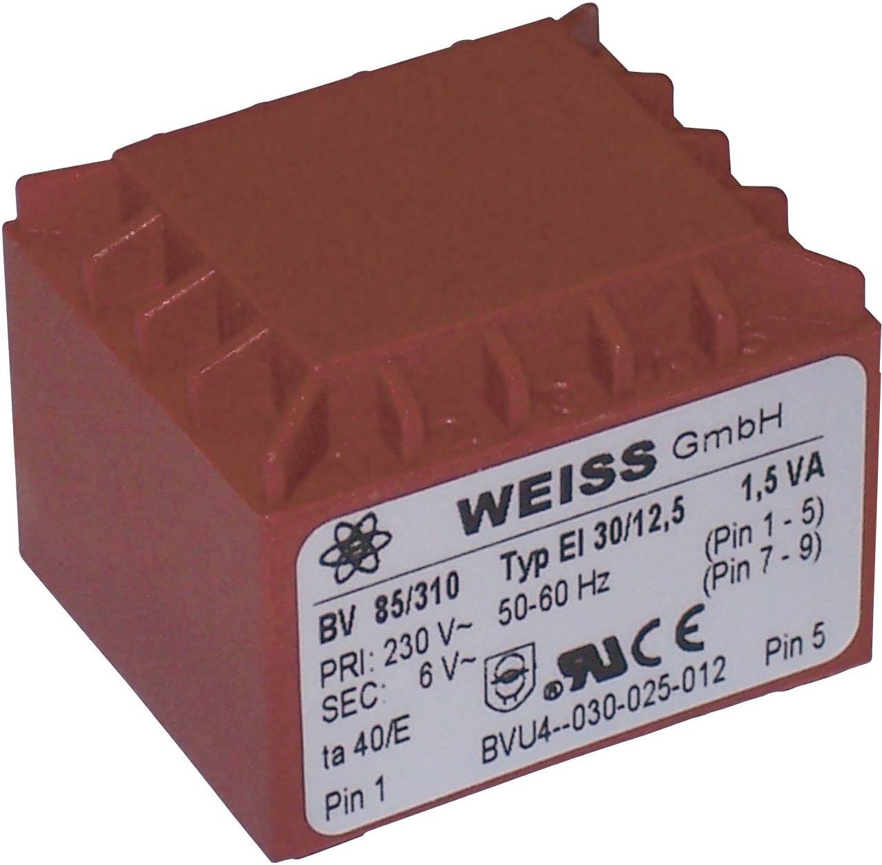 Červený transformátor s nápisom 'WEISS GmbH', primárne napätie 230V, sekundárne napätie 6V, výkon 1,5VA, typ EI 30/12,5.