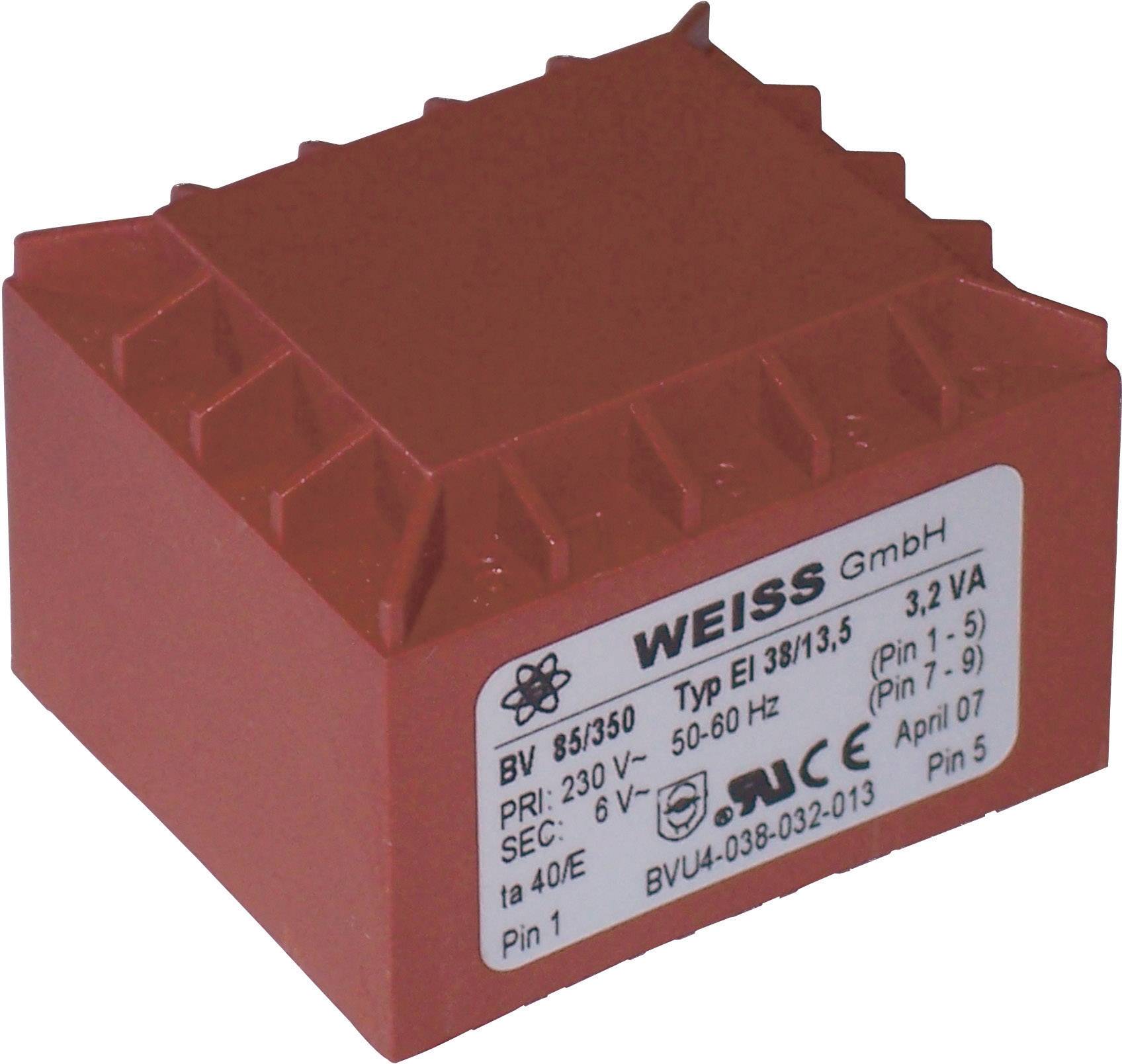 Červený transformátor s etiketou. Údaje: 'WEISS GmbH', typ 'EI 38/13,5', primárne napätie '85/350', sekundárne napätie '6 V'.