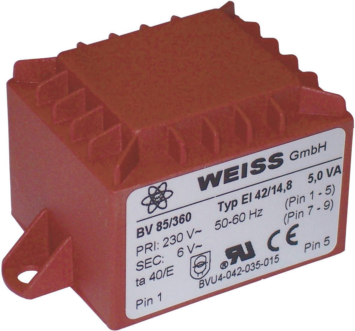Červený transformátor s nápisom 'WEISS GmbH', modelové číslo EI 42/14,8. Vhodnosť: 230 V primárne, 6 V sekundárne, 5 VA výkon.