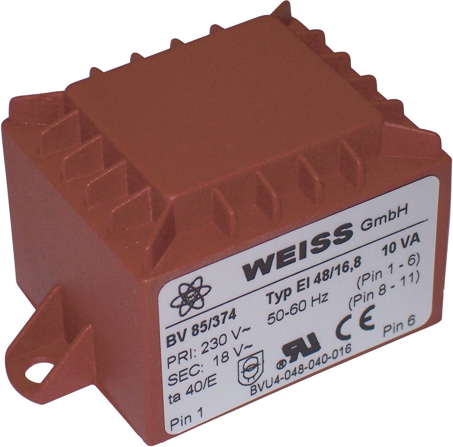 Červený transformátor s nápisom: 'WEISS GmbH, Typ EI 48/16,8, 10 VA, Primárne: 230 V, Sekundárne: 18 V'. Technické detaily a modelové číslo.