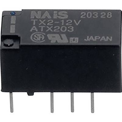 Čierny obdĺžnikový relé s nápisom: NAIS, TX2-12V, ATX203, 20328, Japonsko. Štyri kovové kolíky dole. Elektronická súčiastka.