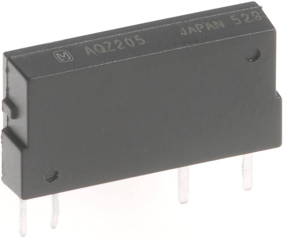 Čierna elektronická súčiastka s nápisom 'AQZ205 JAPAN 528' zobrazuje štyri kovové päticové kontakty. Zdá sa, že ide o polovodičovú súčiastku.