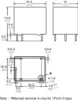 Diagram elektronickej komponenty s rozmermi v milimetroch. Pohľad spredu a z boku zobrazuje rôzne rozmery. Poznámka dole vysvetľuje, že označený kontakt platí len pre Typ 1 Forma C.