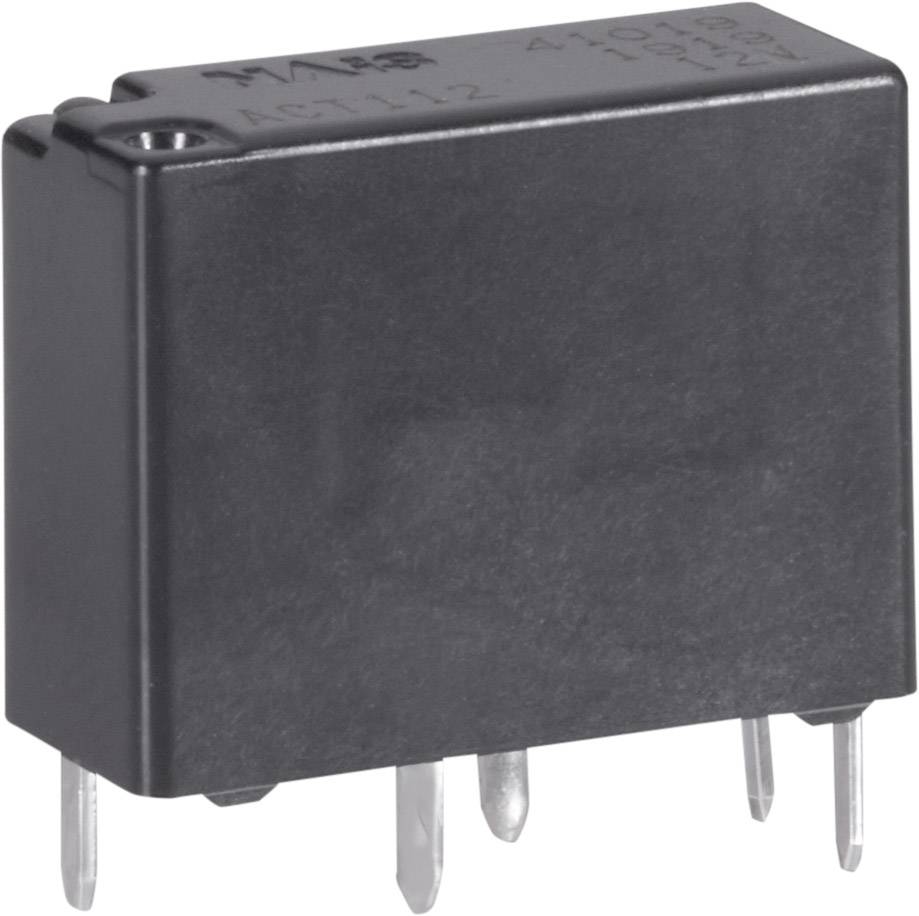 Čierne elektronické relé so štyrmi kovovými kolíkmi.