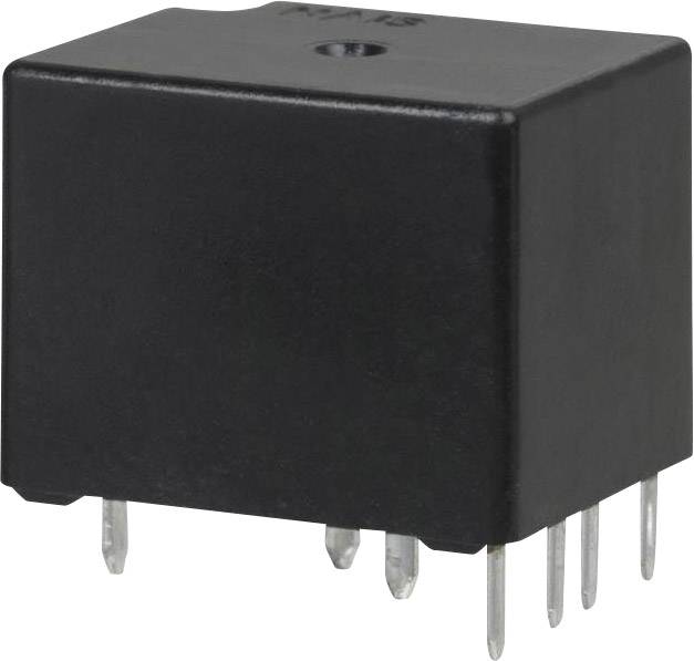 Čierne obdĺžnikové relé s viacerými kovovými kolíkmi na spodnej strane, používané v elektronických obvodoch na ovládanie.