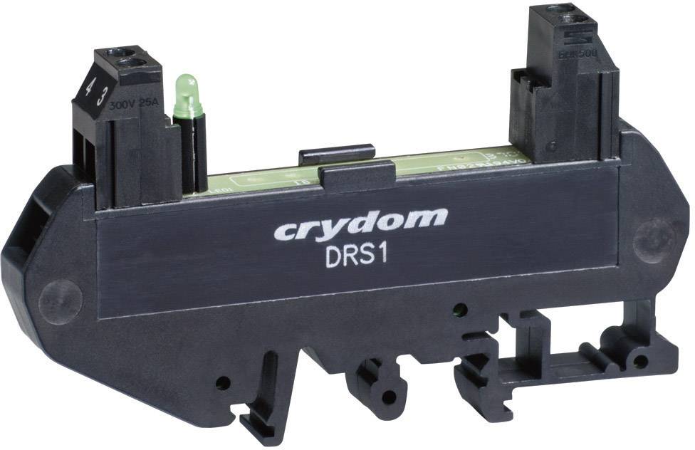 Elektronická súčiastka s nápisom 'crydom DRS1'. Má zelenú LED a pripojovacie otvory na oboch koncoch.