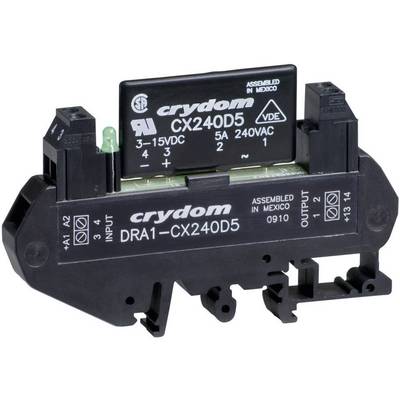 Elektronické relé Crydom, model CX240D5, s vstupným napätím 3-15V DC a výstupným napätím 240VAC, namontované na držiaku.