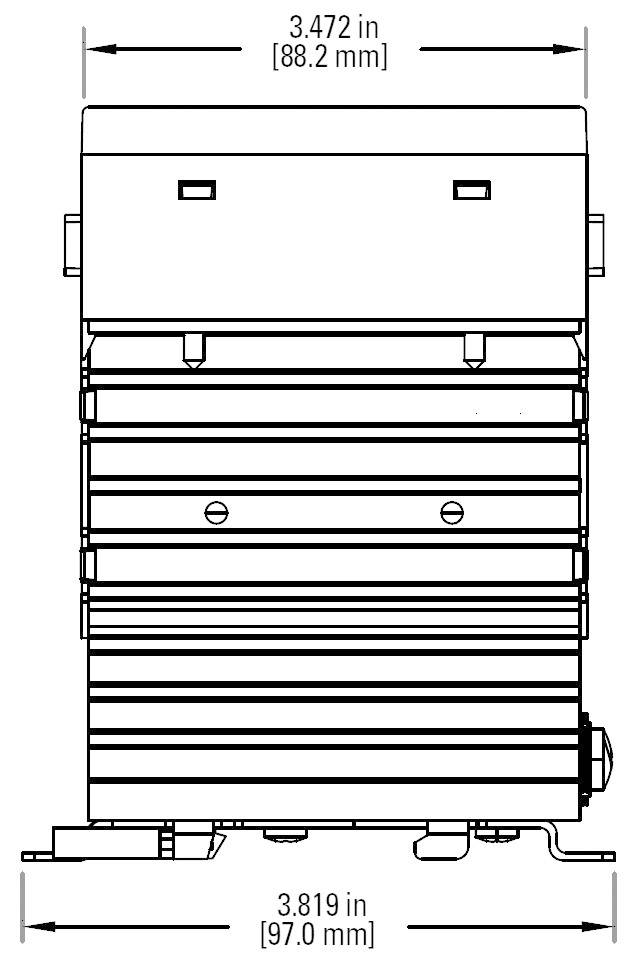 Technický výkres zariadenia s rozmermi 3,472 palca (88,2 mm) šírky a 3,819 palca (97,0 mm) hĺbky, pohľad z boku.