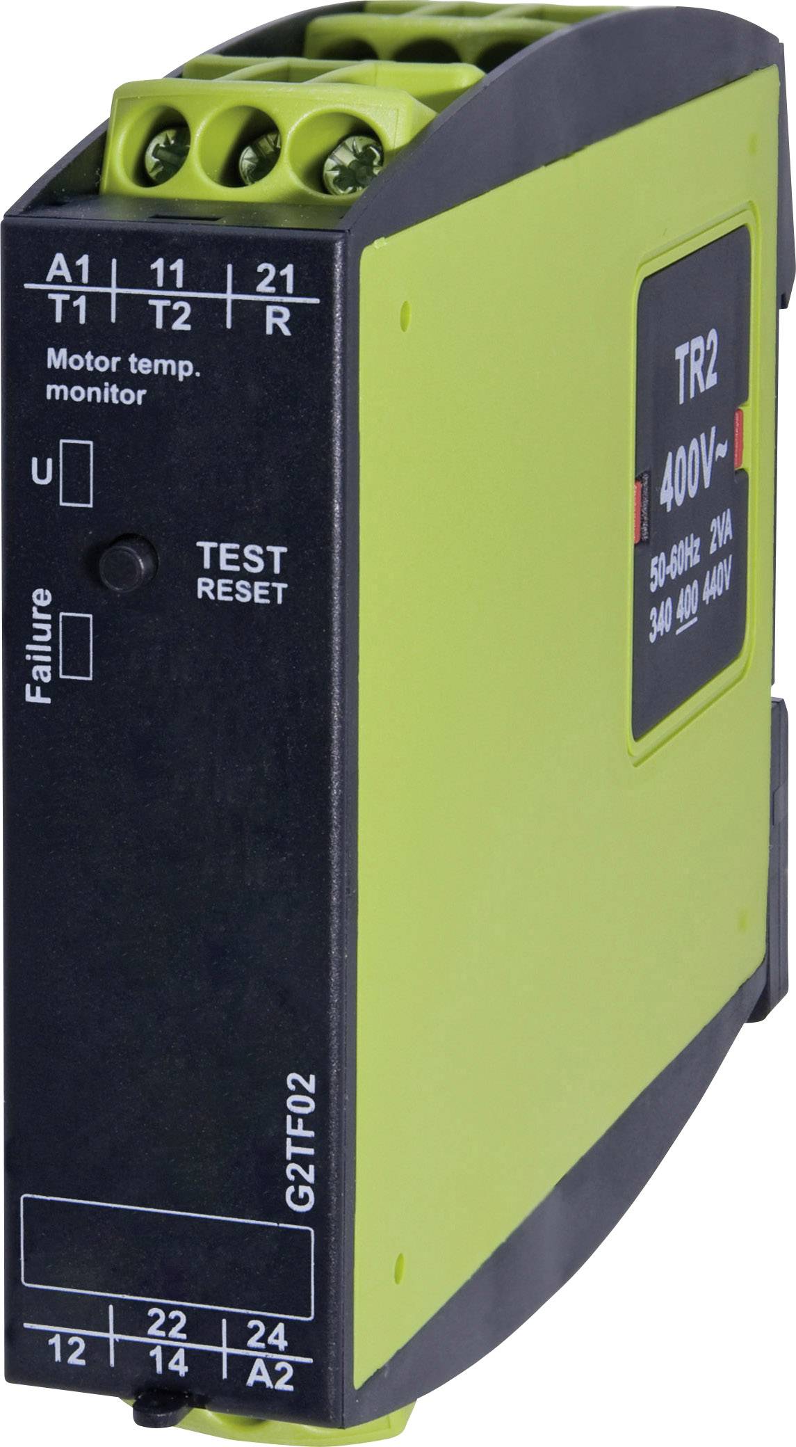 Zelené elektrické zariadenie s nápisom 'TR2 400V' vpredu. Je to prístroj na monitorovanie teploty motora.