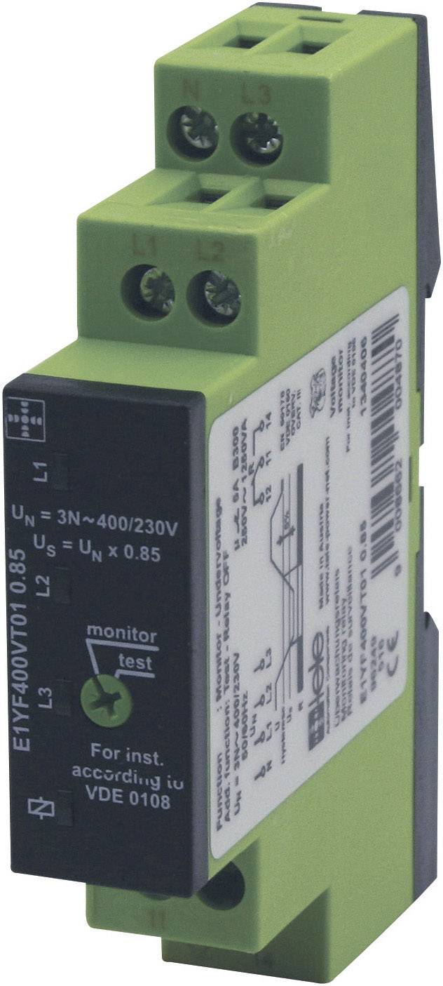 Zelené elektrické relé s nápisom 'ETVF400VT0185', zobrazujúce schému zapojenia a spínania. Zodpovedá norme VDE 0108.